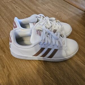 Adidas White Sneakers with Pink Stripes